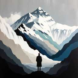 minimalist painting of someone gazing at Mount Everest in black, white, grey and blue paint on canvas generated by DALL·E 2